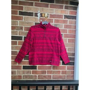 Eddie Bauer Women Pink Black Fair Isle Fleece 1/4 Zip Pullover Top Size L